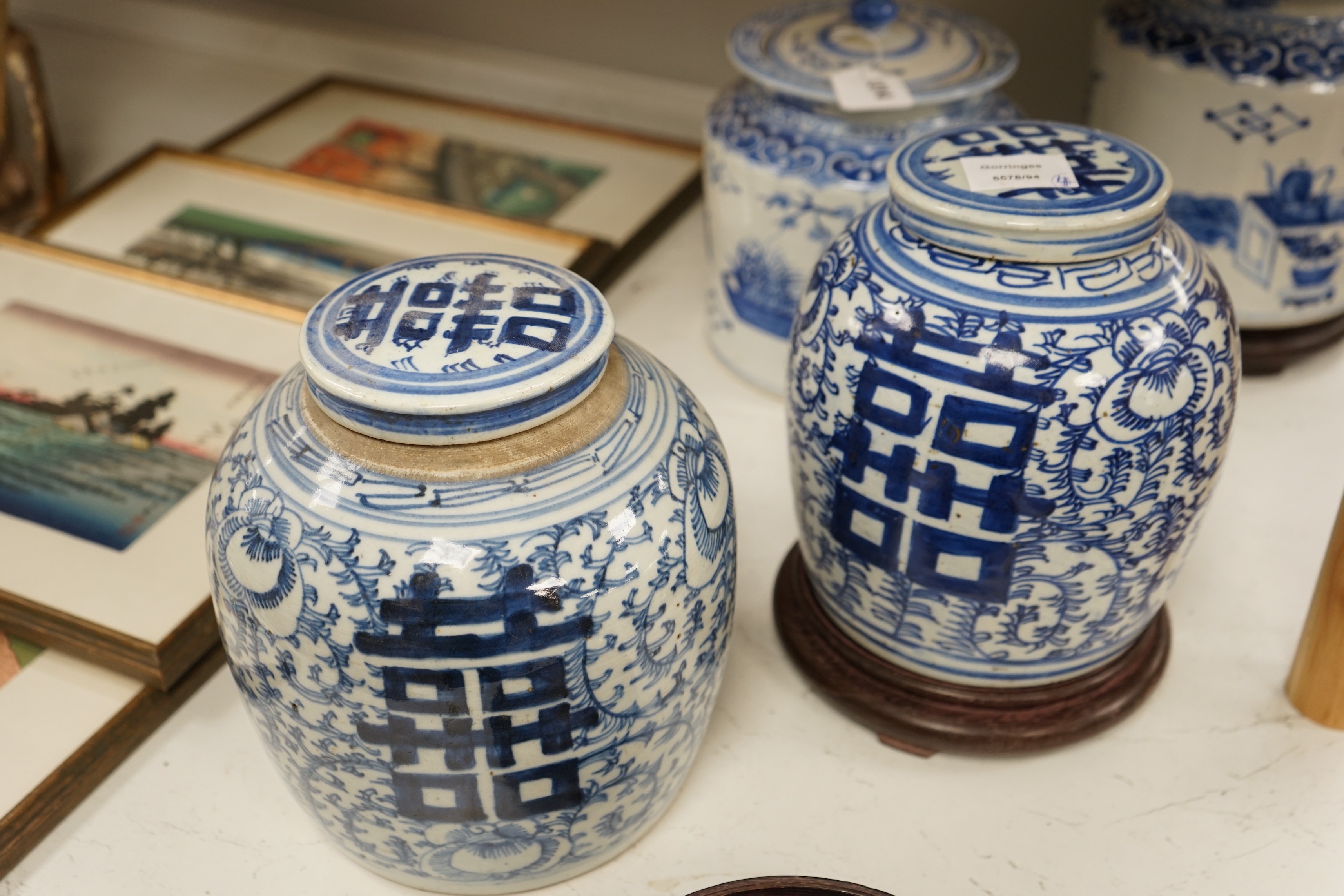 Two pairs of Chinese blue and white jars, tallest 24cm